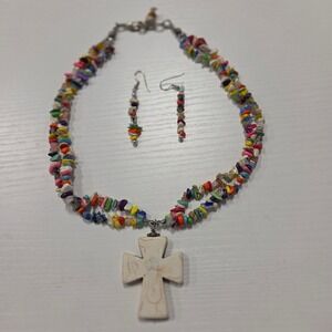 Cross Pendant Necklace & Earrings Set, Colorful Chip Stone Beads Fashion Jewelry